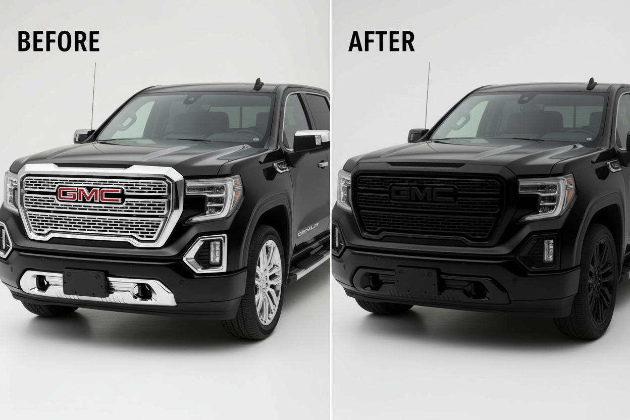 GMC Sierra Denali chrome delete before and after transformation