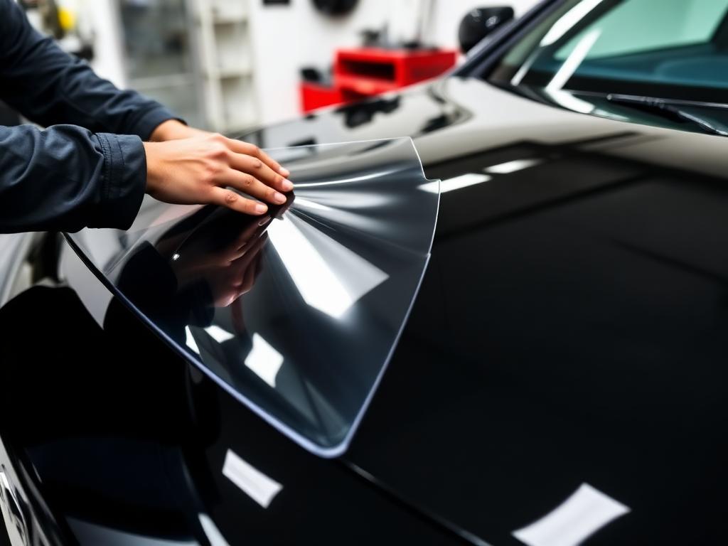 Installer applying clear paint protection film to a vehicle's hood in Hurricane, Utah